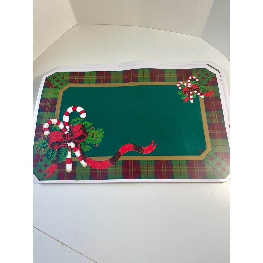 4- Plaid Candy Cane Holly Bow Gold Trim Vinyl Placemats- Trim a Home-Vintage